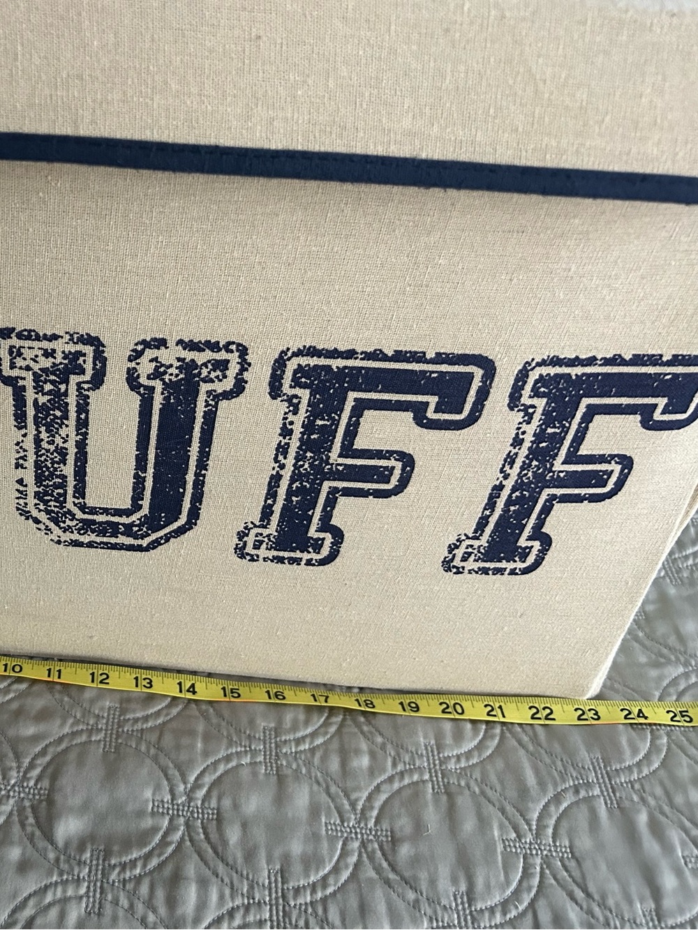 Canvas Storage Bin "STUFF" Navy Trim Varsity Letters